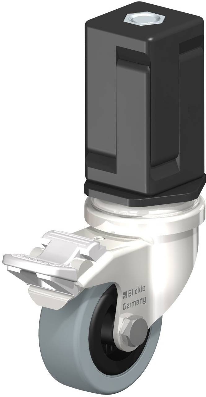 'QRX' Lenkrolle mit Feststeller, schwarzem Gehäuse und grauem Rad, hergestellt von Blickle Germany.