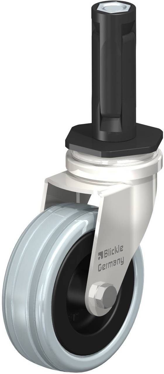 Rückstellbare Apparaterolle mit Kunststoffrad und Metallgehäuse, Stiftaufnahme oben. Geeignet für den Transport leichter Geräte.