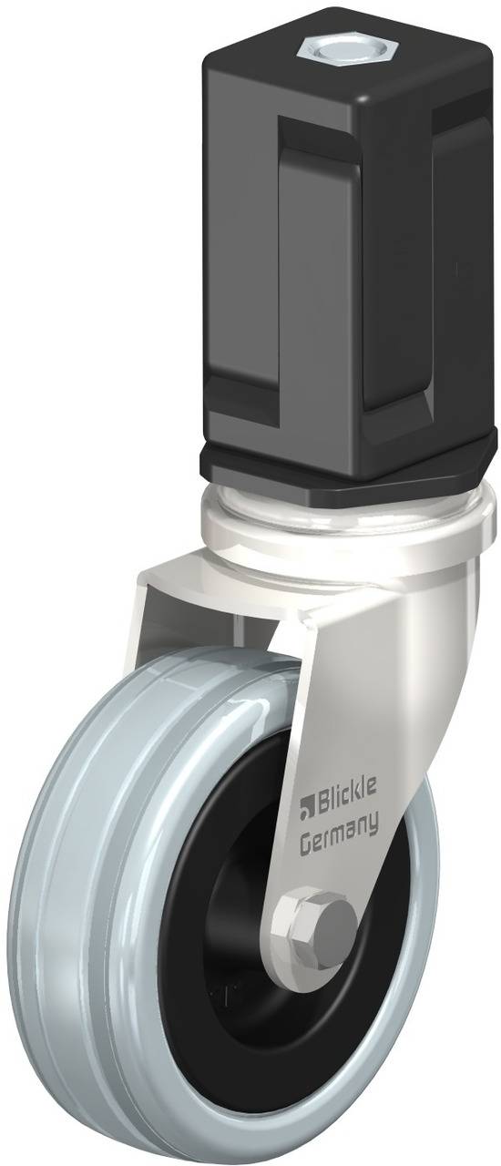 Eine graue Transportrolle auf einem silbernen Halter mit einem schwarzen Befestigungselement.