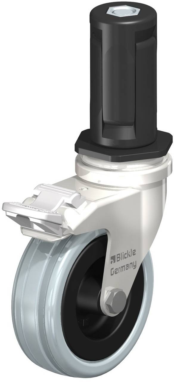 Schwenkrolle mit schwarzem, zylinderförmigem Befestigungszapfen. Silberfarbene Radgabel, Rad mit schwarzer Nabe und hellblauem Gummibelag. Aufschrift 'Blickle Germany'.