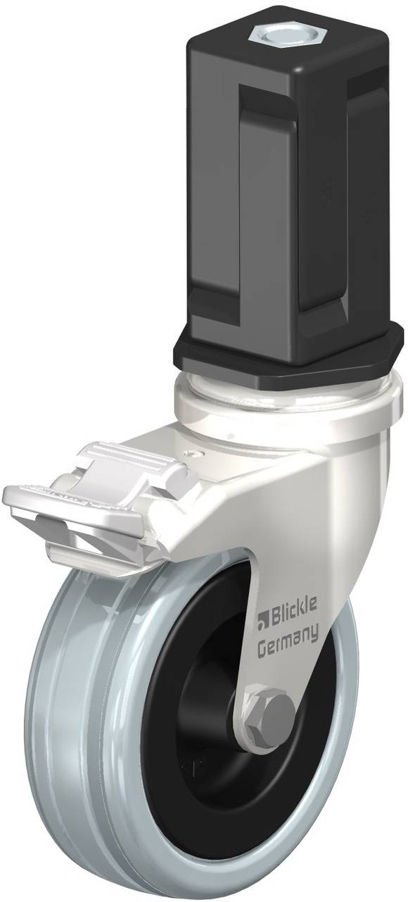 Schwenkrolle mit grauem Rad und schwarzem Stift, beschriftet mit 'Blickle Germany'. Geeignet für Möbel oder Transportwagen.