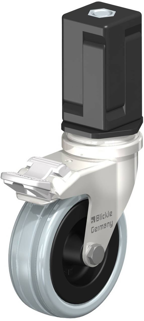 Schwenkrolle mit Bremse von Blickle; silbernes Gestell, schwarzes Radinnenteil, graue Lauffläche.