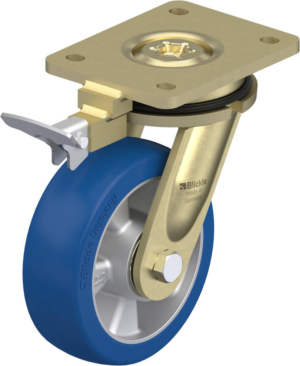 Drehbares, blaues Rad mit Befestigungsplatte und Bremse, hergestellt von Blickle. Geeignet für Möbel oder Transportgeräte.