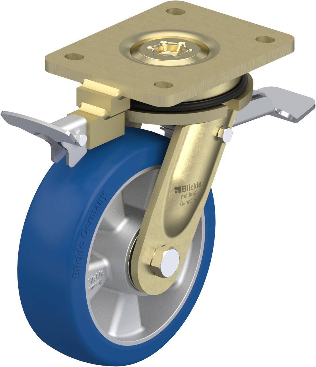 Blaue, schwenkbare Rolle mit Halterung aus Metall, geeignet für Schwerlasten.