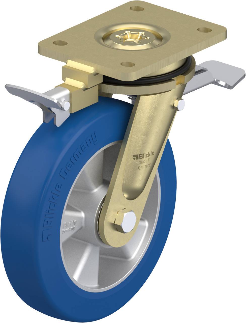 Blickle Schwenkrolle mit blauer Lauffläche, goldfarbenem Gehäuse und Feststellvorrichtung. Oberplatte zur Befestigung.