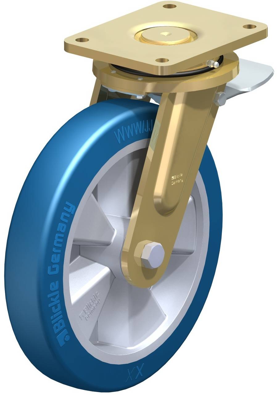 Industrie-Lenkrolle mit goldfarbenem Gehäuse und blauem Rad. Sie eignet sich für robuste Anwendungen und schwere Lasten.