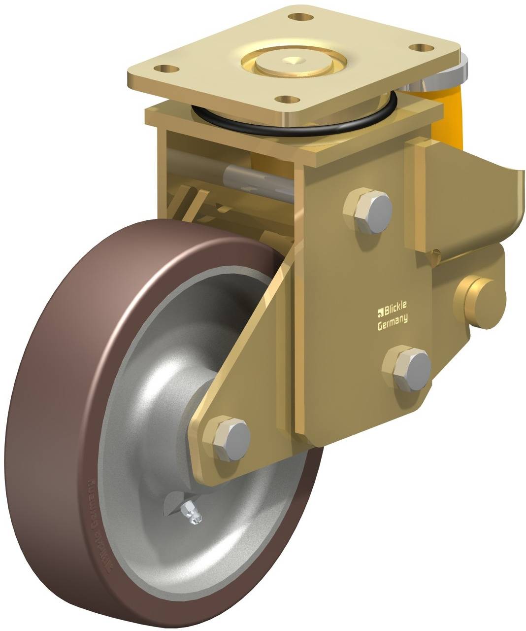 Industrie-Schwenkrolle aus Metall mit Bremse, geeignet für schwere Lasten; robustes Design für industrielle Anwendungen.