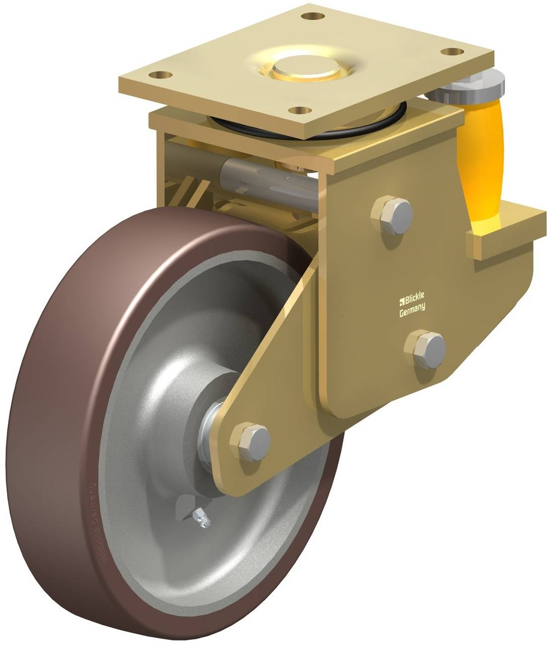 Schwenkrolle mit braunem Rad und goldenem Gehäuse, geeignet für schwere Lasten in industriellen Anwendungen.