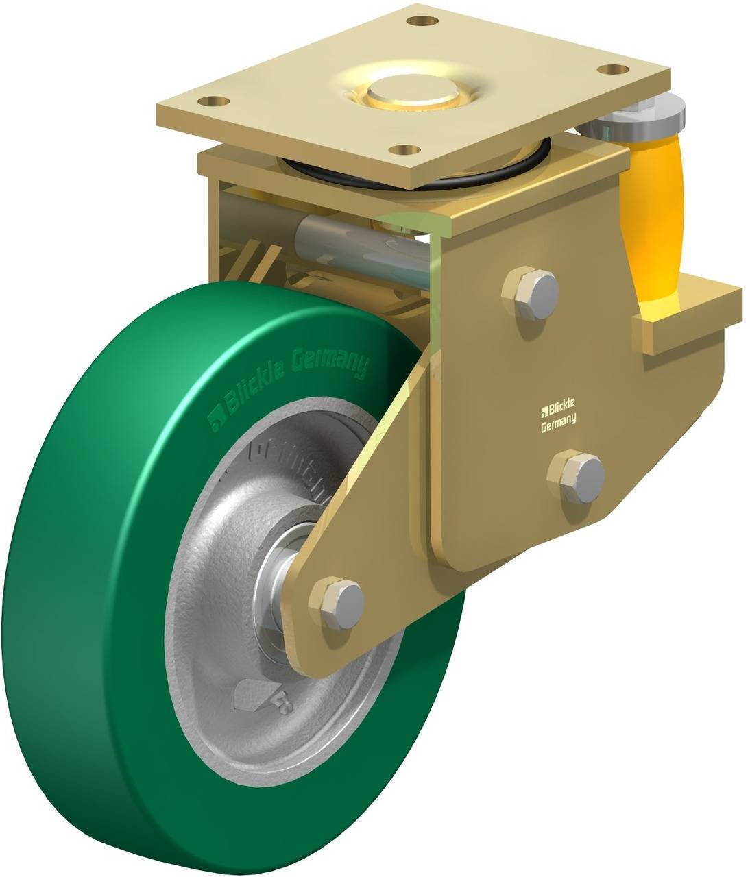 Schwenkrolle mit grünem Rad und gelber Feder, montiert an einem goldenen Metallrahmen von 'Blickle Germany'.