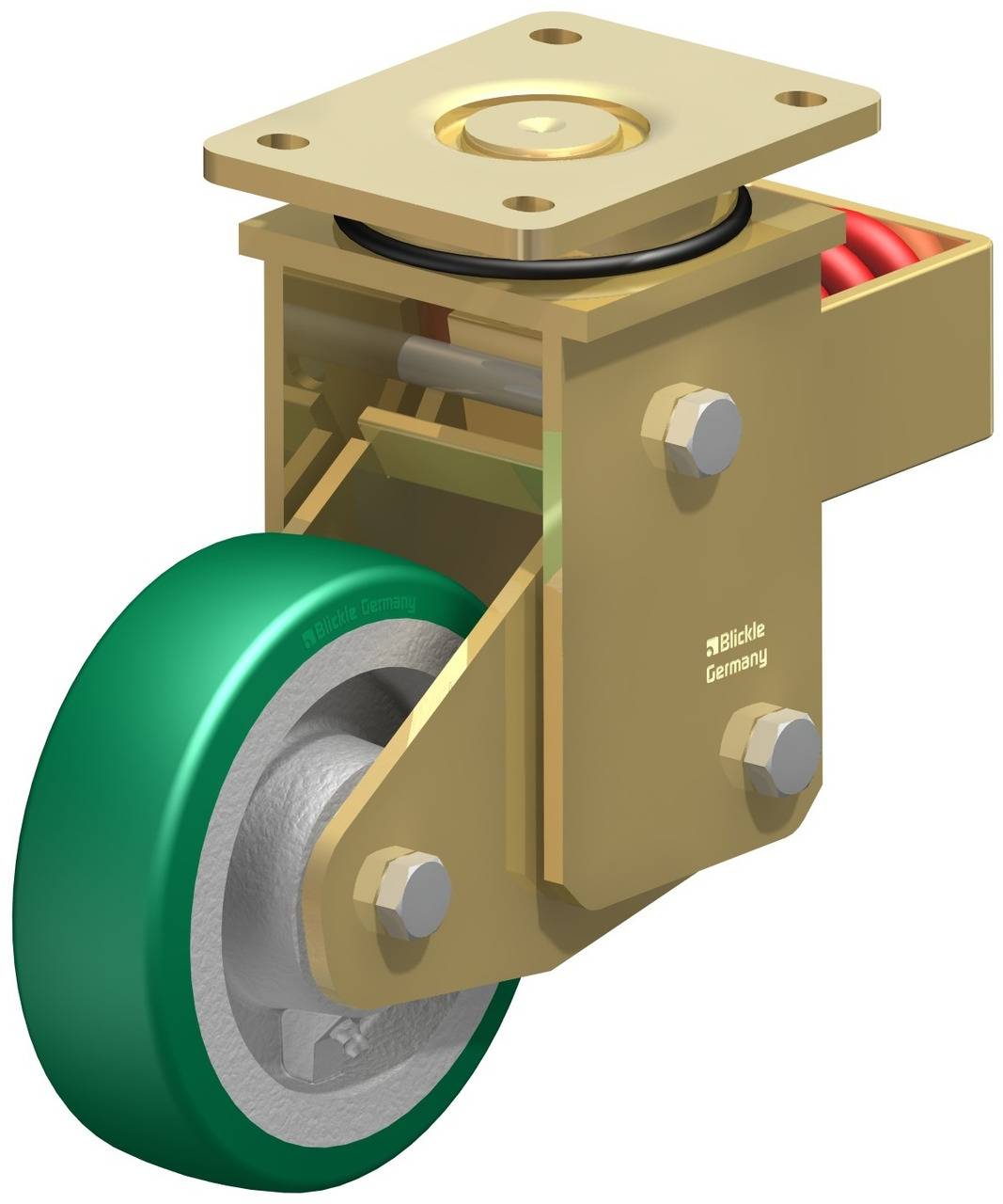 Industrie-Schwenkrolle mit grünem Rad und gelbem Gehäuse, geeignet für Schwerlastanwendungen. Schrauben und Lager sind sichtbar.
