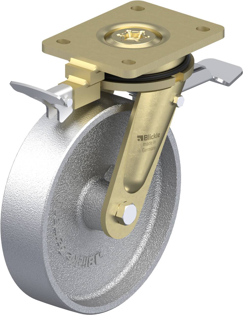 Eine goldene, drehbare Metallrolle montiert auf einer quadratischen Platte, geeignet für Schwerlastanwendungen, mit einem seitlichen Hebel.