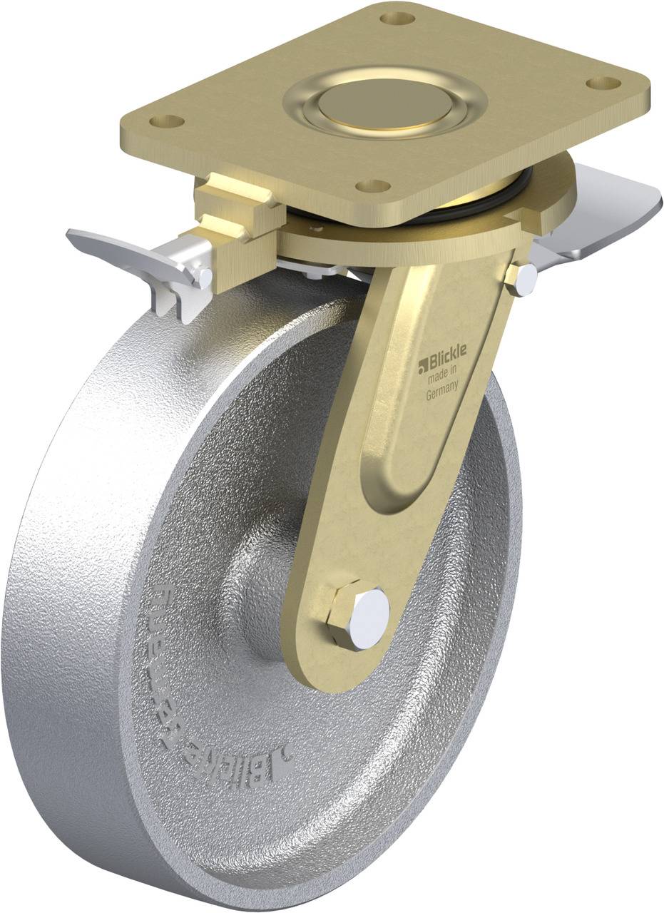 Schwenkrolle aus Metall mit Befestigungsplatte und Bremse. Geeignet für schwere Lasten. Gold- und silberfarbenes Design.