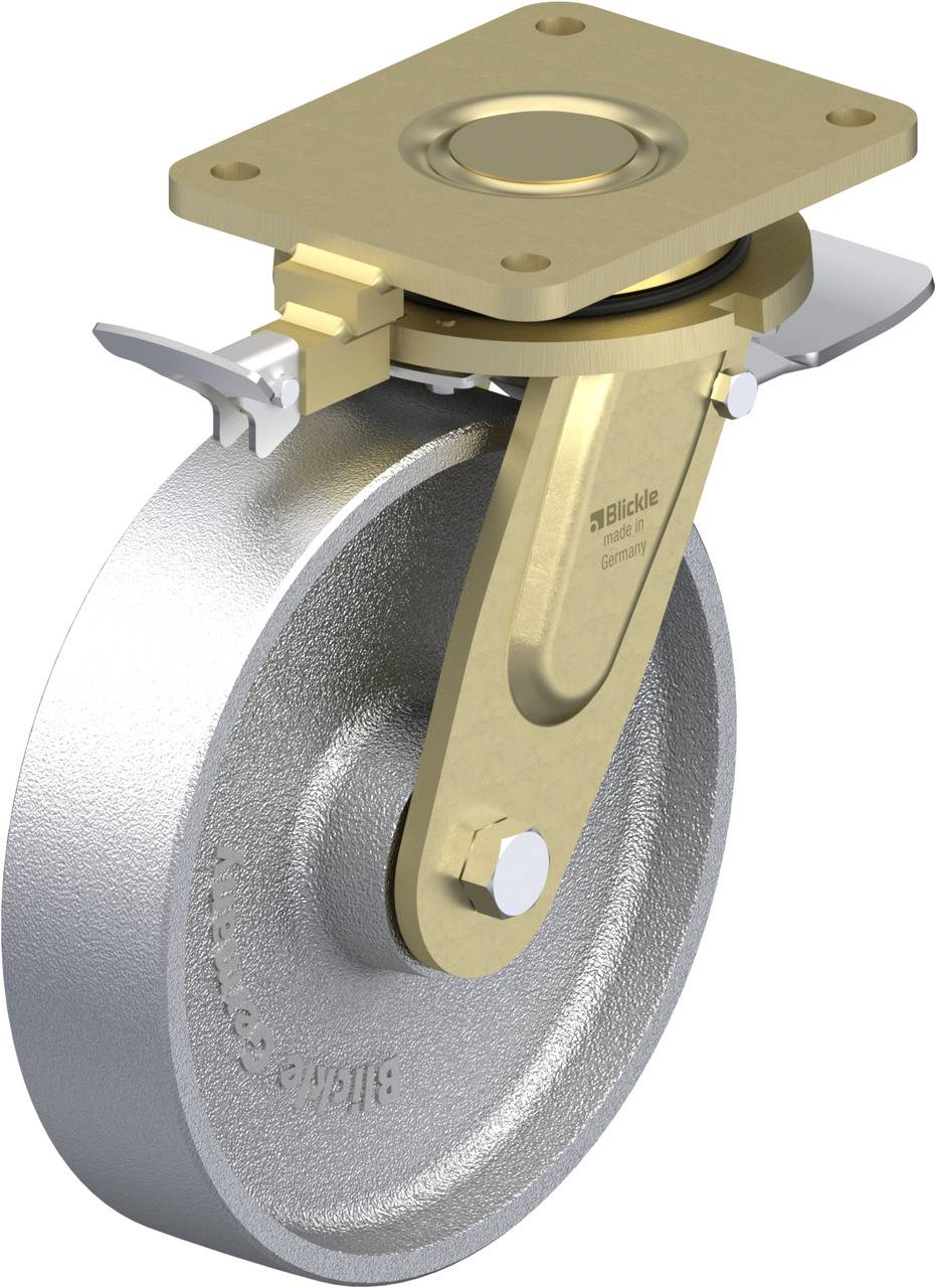 Metallisches Schwenkrad mit Befestigungsplatte, robust konstruiert, für industrielle Anwendungen geeignet.