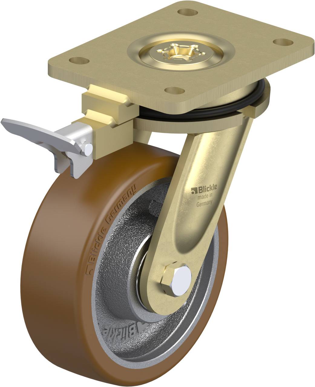 Drehbares Bockrad mit braunem Gummirad und Metallgehäuse, ausgestattet mit Feststellbremse. Geeignet für industrielle Anwendungen.