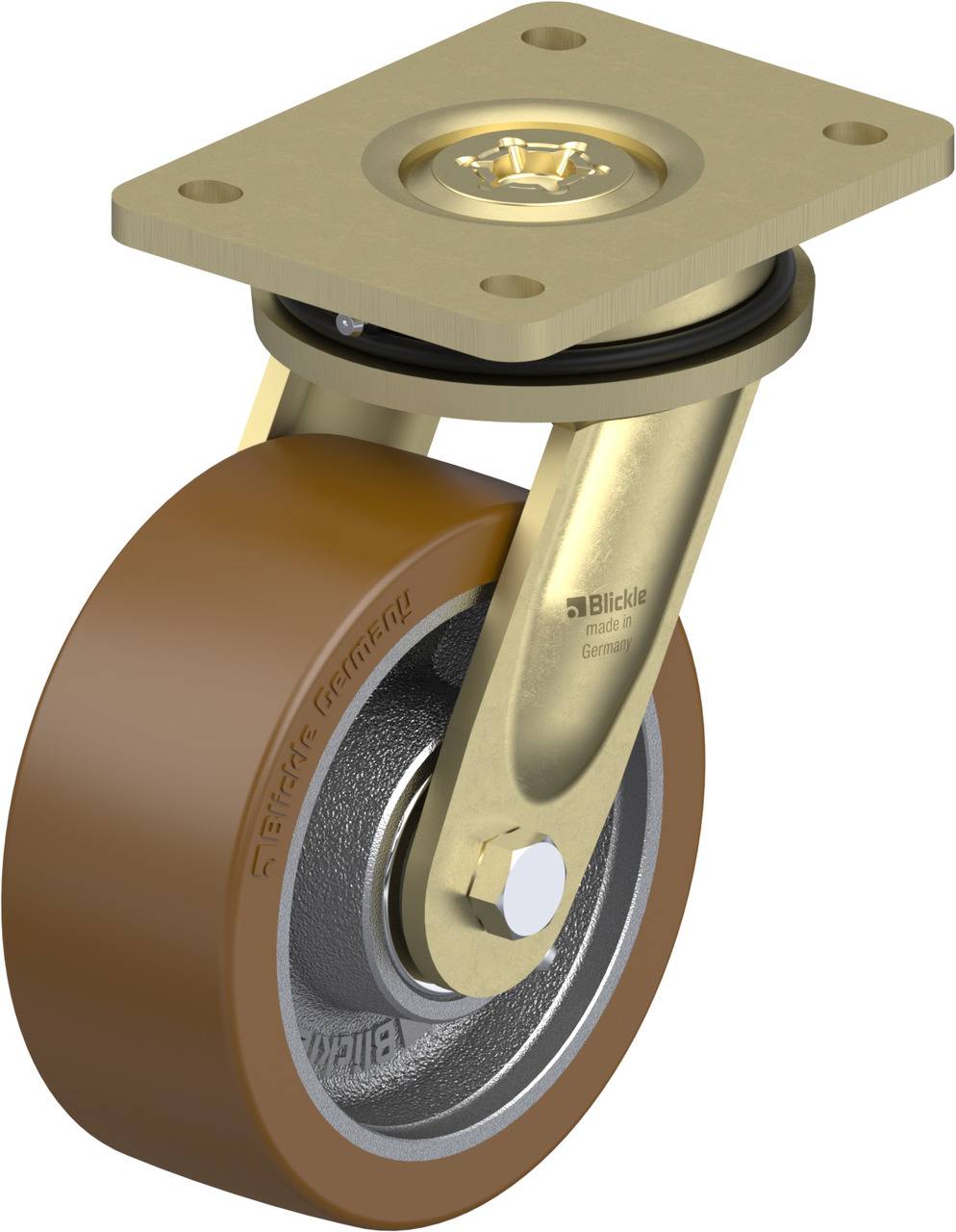Goldfarbene Rollenrolle mit braunem Rad und Befestigungsplatte. Ideal für Möbel- und Gerätemobilität.