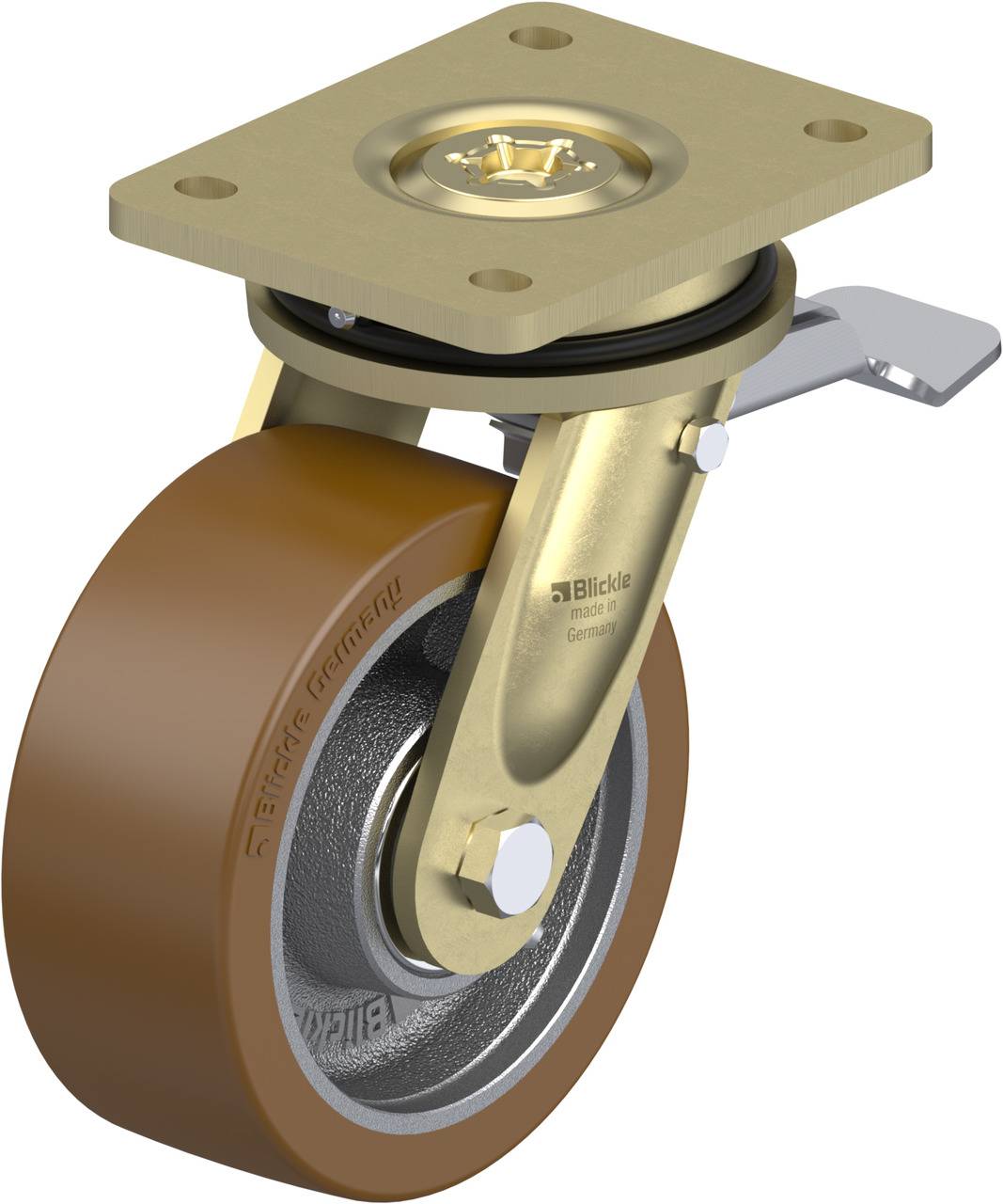 Industrie-Lenkrolle mit braunem Rad aus Polyurethan und goldfarbenem Metallgehäuse, seitlich angebrachter Feststeller.