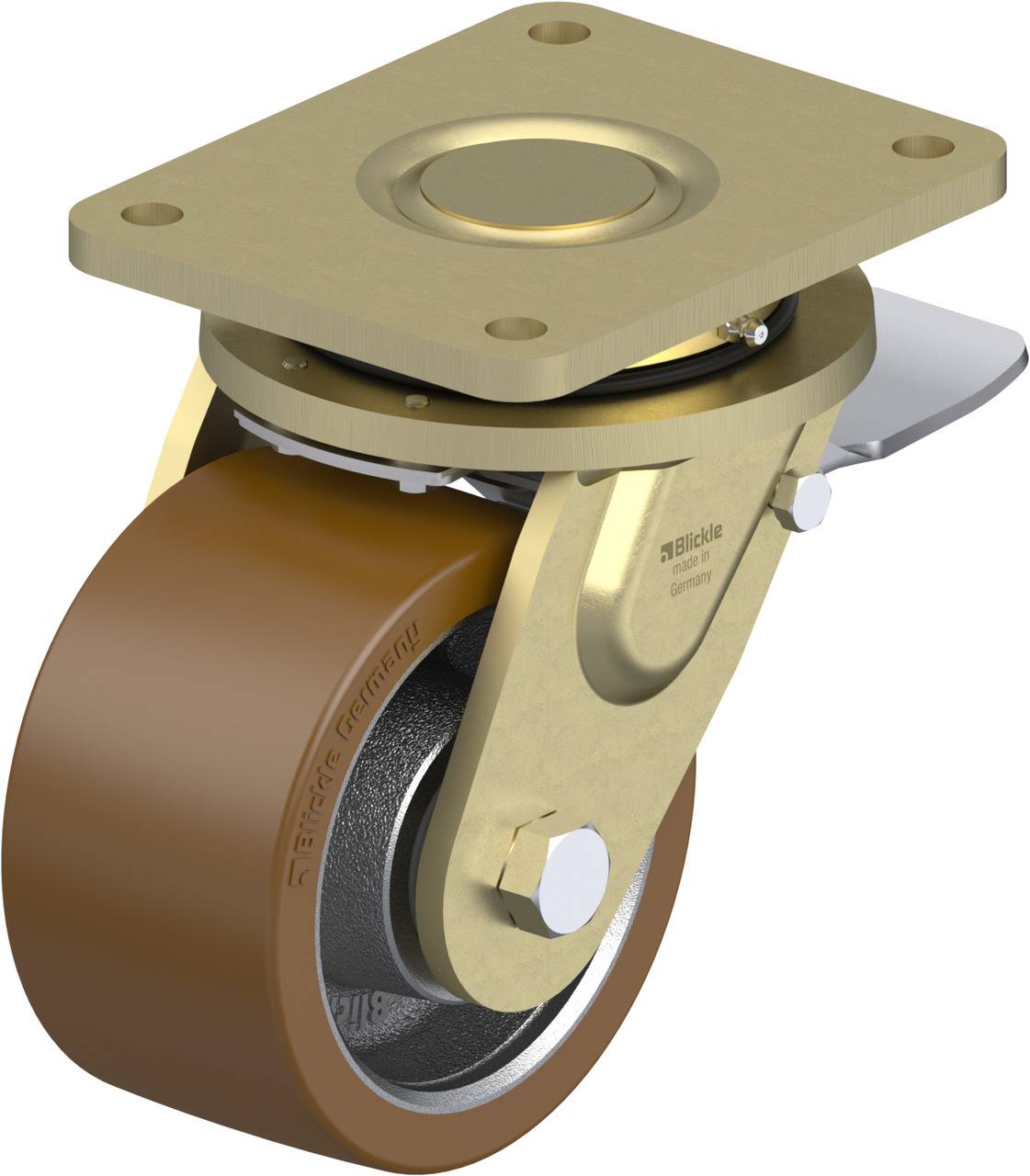 Lenkrolle mit braunem Rad und goldfarbenem Gehäuse, sichtbar montierte Platte oben. Geeignet für schwere Lasten auf Industrieanlagen.