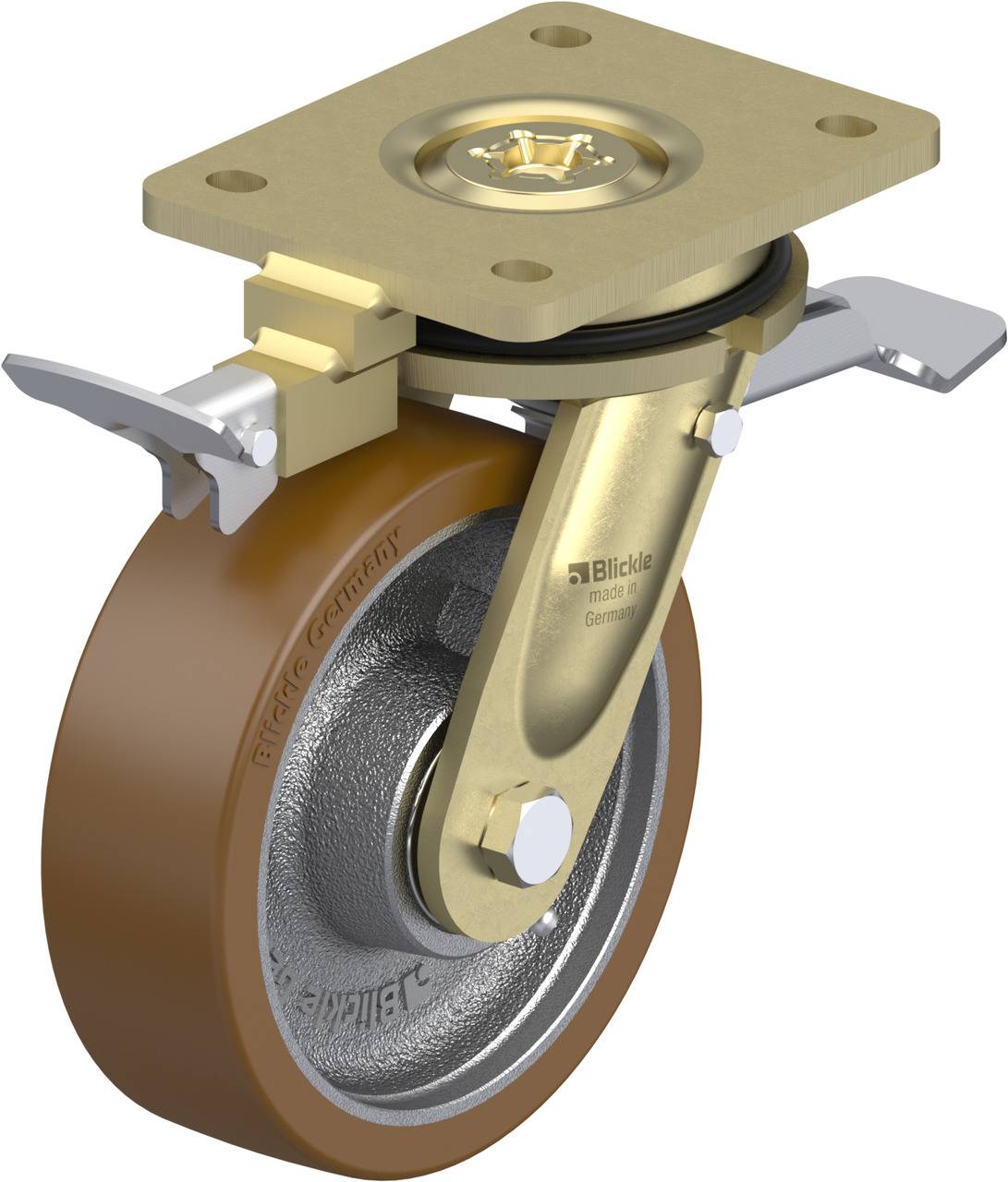 Schwenkrolle mit braunem Rad und Metallplatte, gebremst. Geeignet für Industrie- und Transportanwendungen.