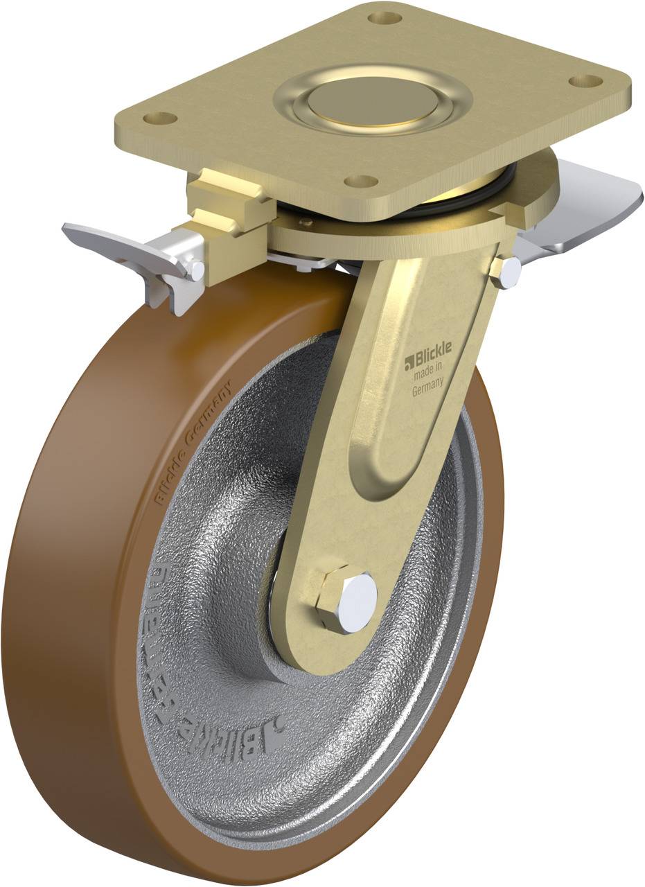 Braunes Radbuchsen-Lenkrolle mit festem braunem Rad und Metallhalterung. Geeignet für schwere Lasten und industrielle Anwendungen.