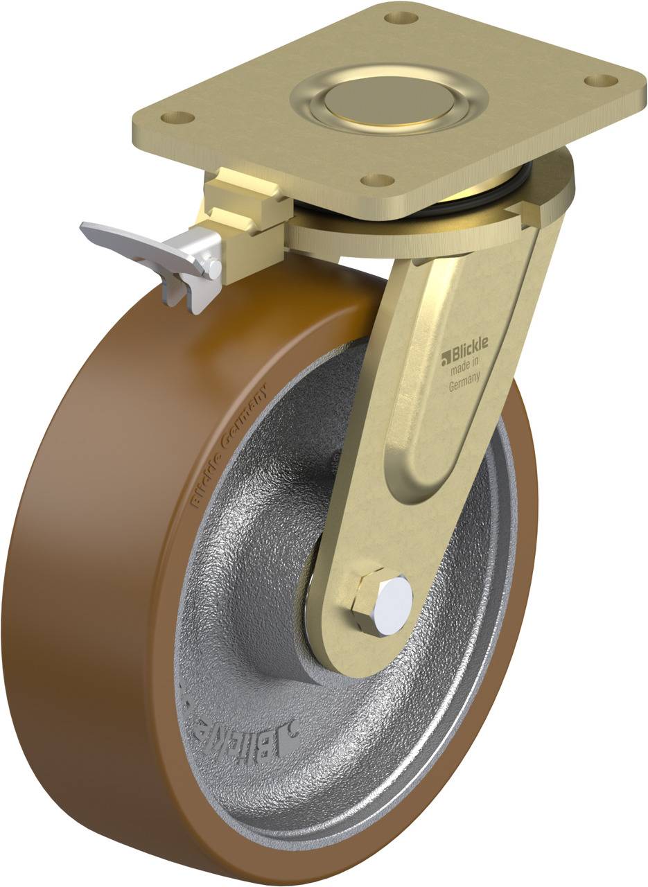 Industrielles Schwenkrad mit brauner Rolle und goldener Metallhalterung, geeignet für schwere Lasten. Hersteller: Blickle.