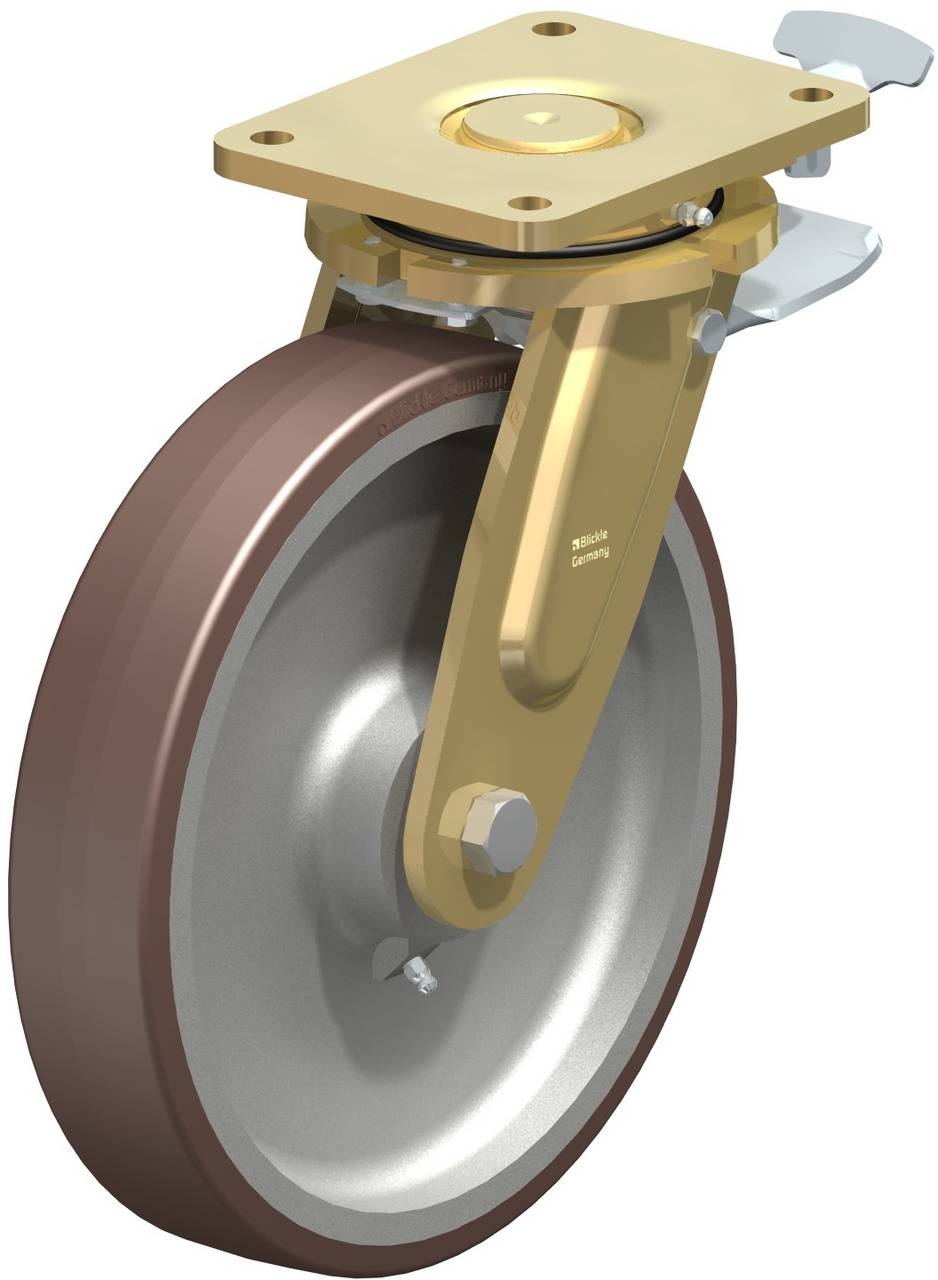 Industrielles Lenkrolle aus Metall und Gummi mit Bremse. Geeignet für schwere Lasten.