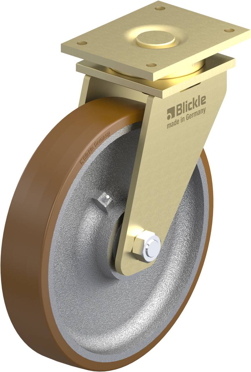 Schwenkrolle mit braunem Rad, Metallgehäuse und Befestigungsplatte; auf dem Metallgehäuse steht 'Blickle made in Germany'.