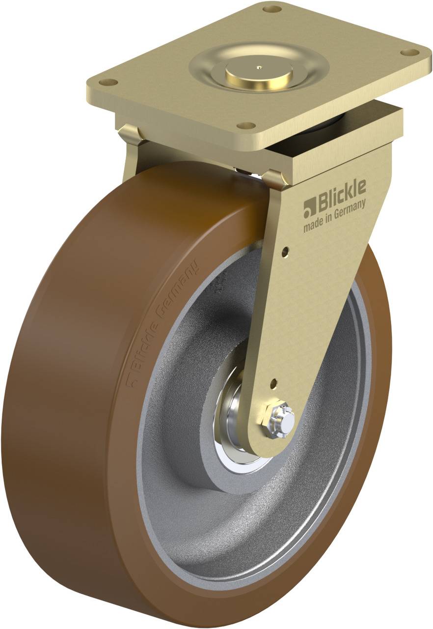 Rolle mit braunem Kunststoffreifen, Metallhalterung. Aufschrift 'Blickle made in Germany'. Industrielles Design, robust gebaut.