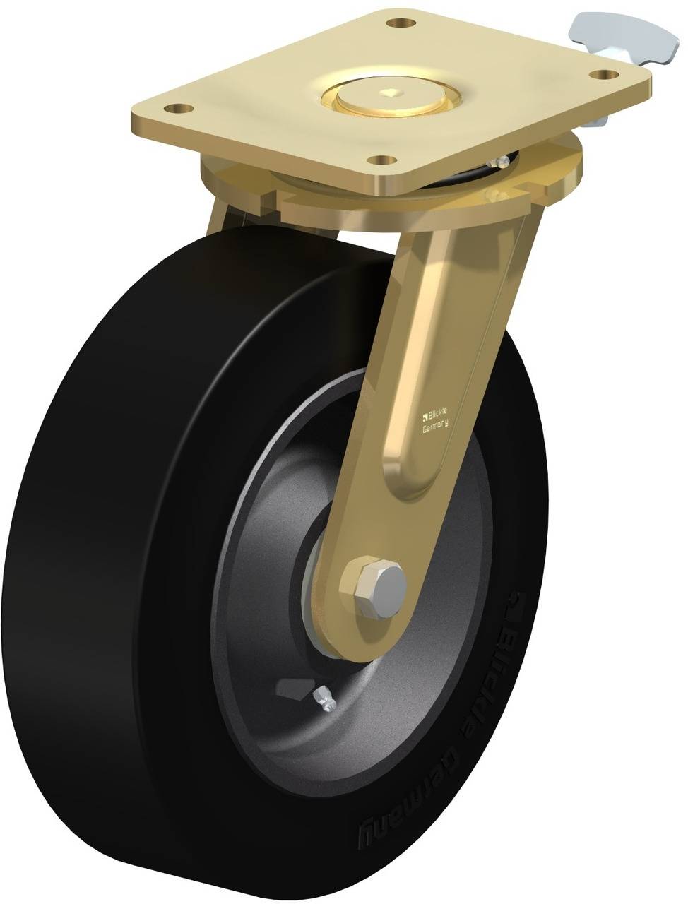 Ein einzelnes Schwerlast-Lenkrolle mit schwarzem Rad und goldfarbenem Befestigungselement. Ideal für Transportgeräte und Industrienutzung.
