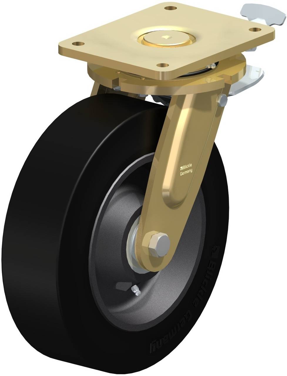 Schwenkrolle aus Metall und Gummi, mit feststellbarer Bremse, geeignet für industrielle Anwendungen.