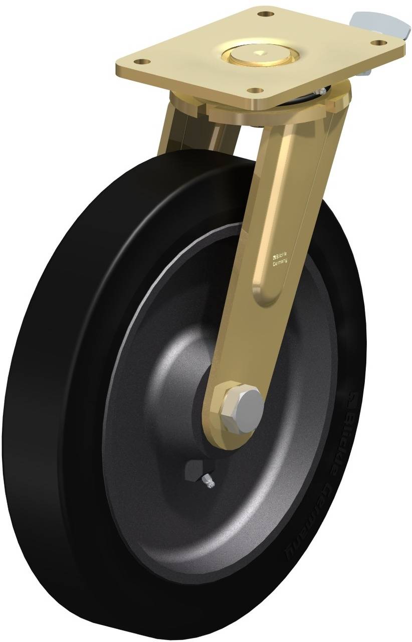 Ein einzelnes, montierbares Rad aus Metall mit schwarzem Gummi, geeignet für schwere Rollen oder Industrieanwendungen.