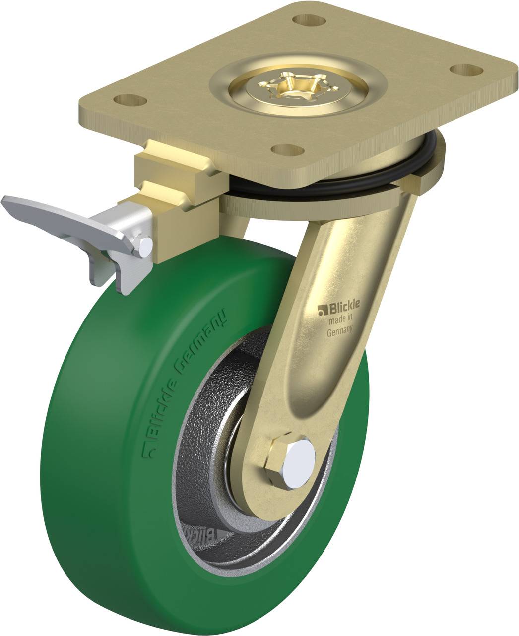 Schwenkrolle mit grüner Polyurethan-Lauffläche und goldener Metallhalterung, inklusive Bremssystem. Geeignet für industrielle Anwendungen.