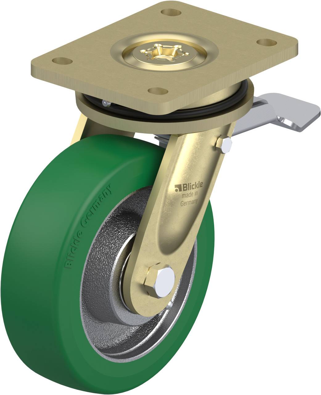 Abgebildet ist eine grüne Laufrolle aus Metall mit Bremse, montiert an einer goldfarbenen Halterung.