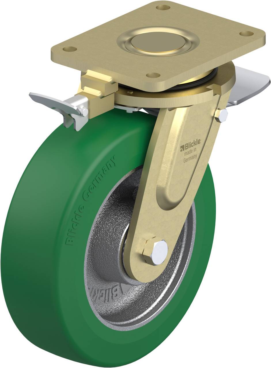 Industrie-Lenkrolle mit grüner Gummibereifung, Metallgehäuse und Feststeller. Geeignet für schwere Lasten in Lager- oder Werkstätten.