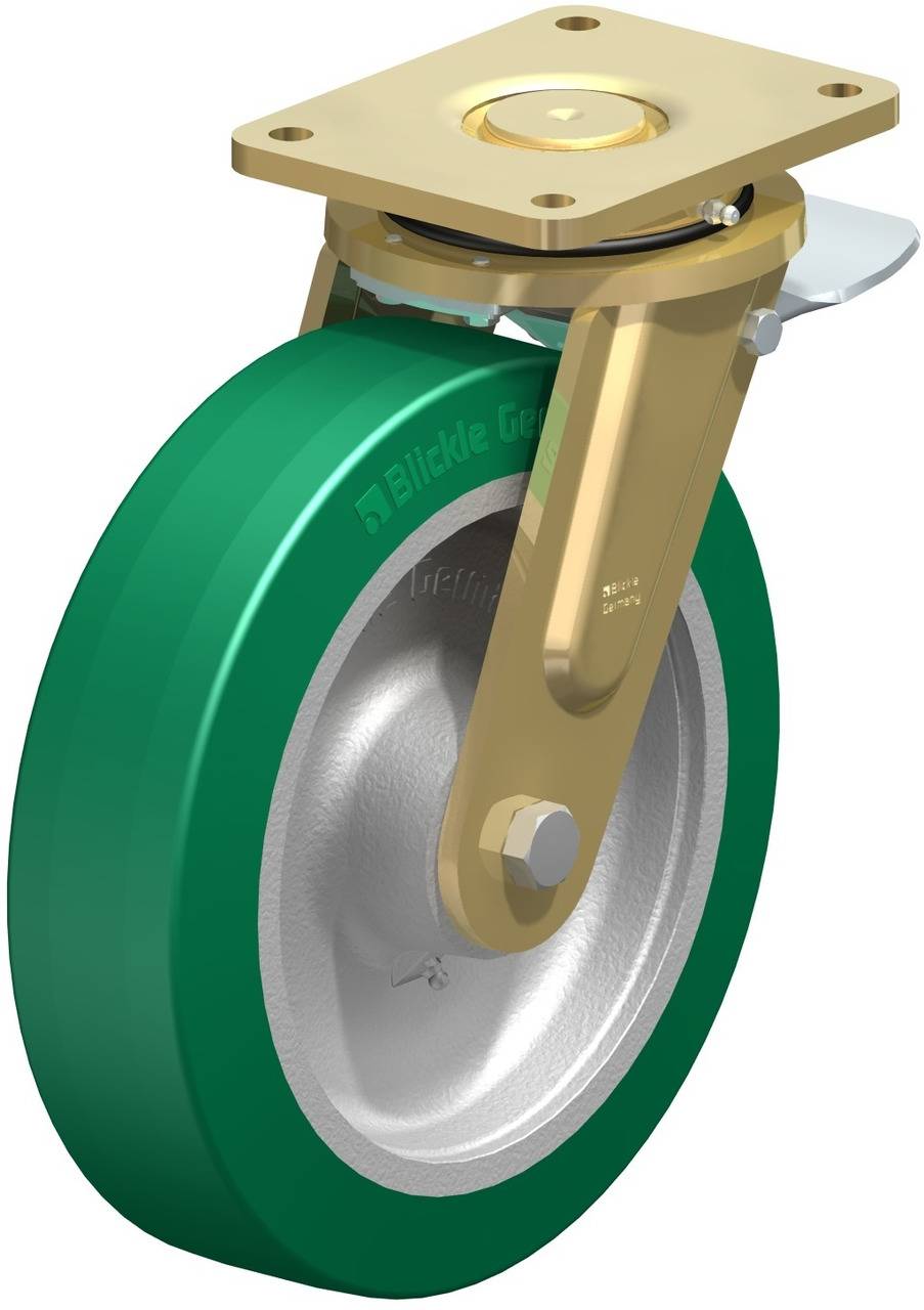 Schwenkrolle mit grünem Rad und goldener Halterung, geeignet für den Einsatz an Möbeln oder Geräten, für flexible Mobilität.