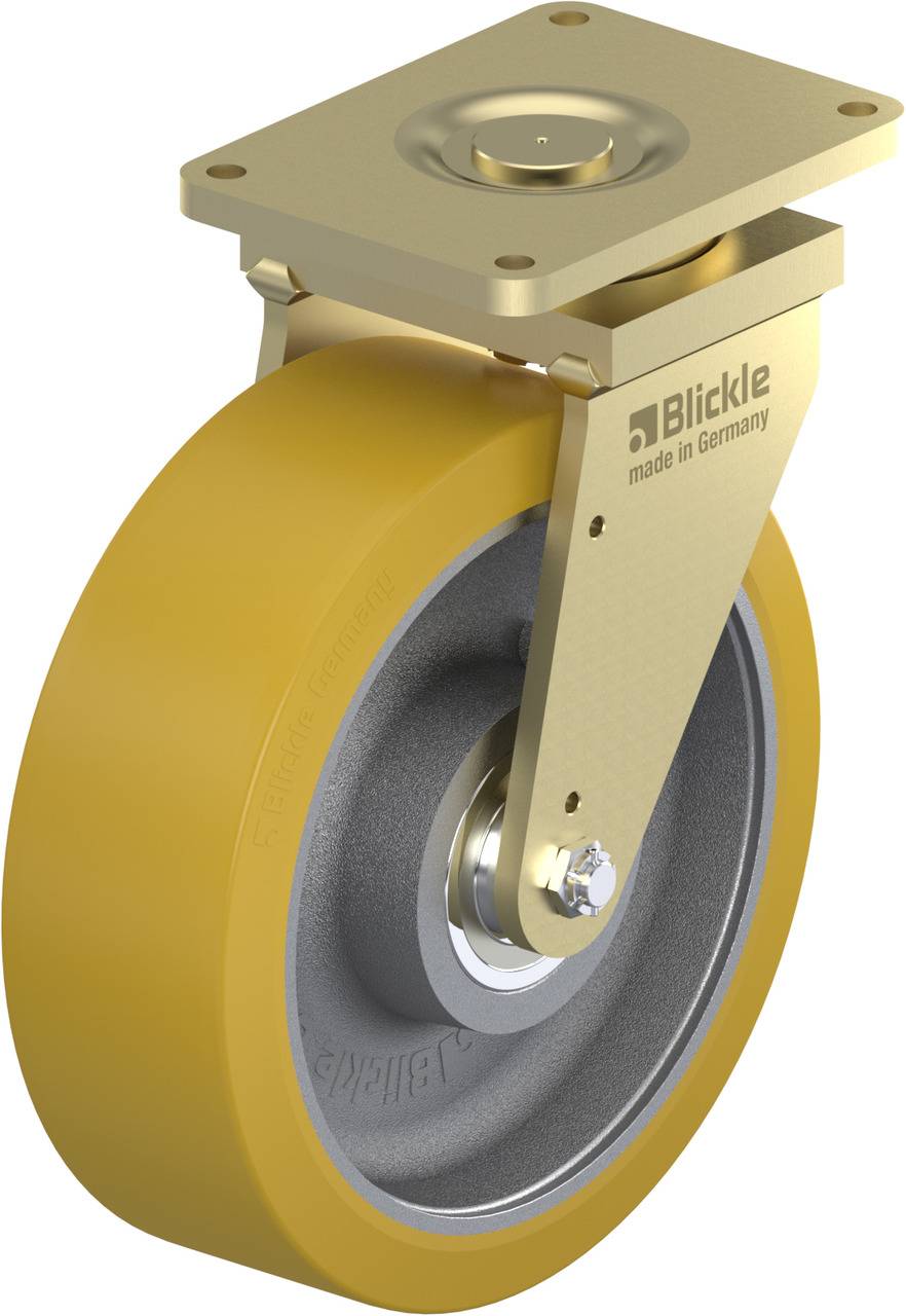 Industrie-Lenkrolle mit gelbem Gummi und Metallgehäuse, Aufschrift 'made in Germany', Herstellername oben sichtbar.