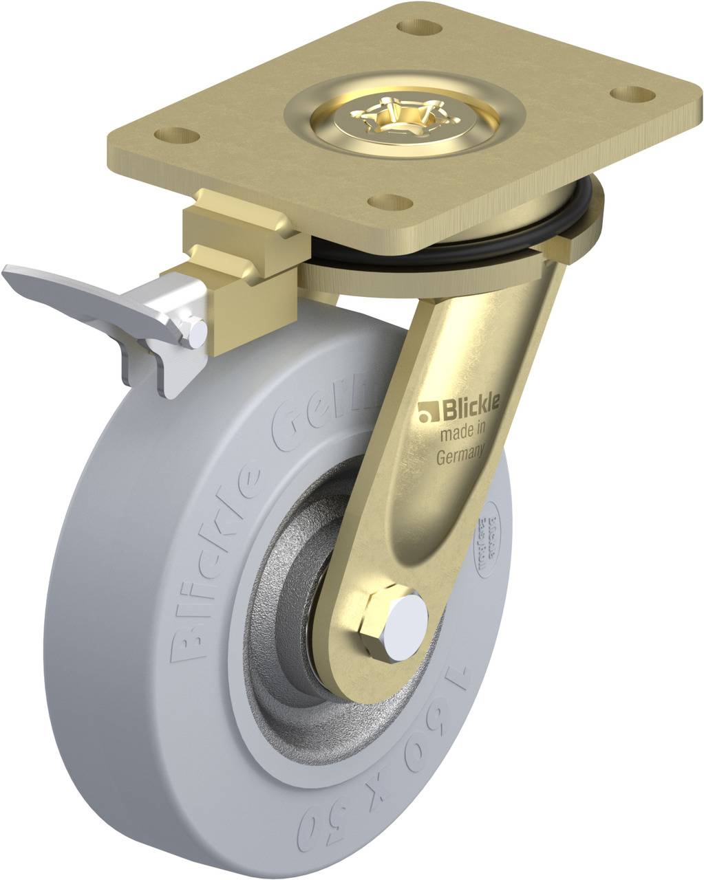 Industrie-Rolle mit grauem Rad, Metallhalterung und Verriegelungshebel, geeignet für Möbel oder Geräte, von Blickle hergestellt.