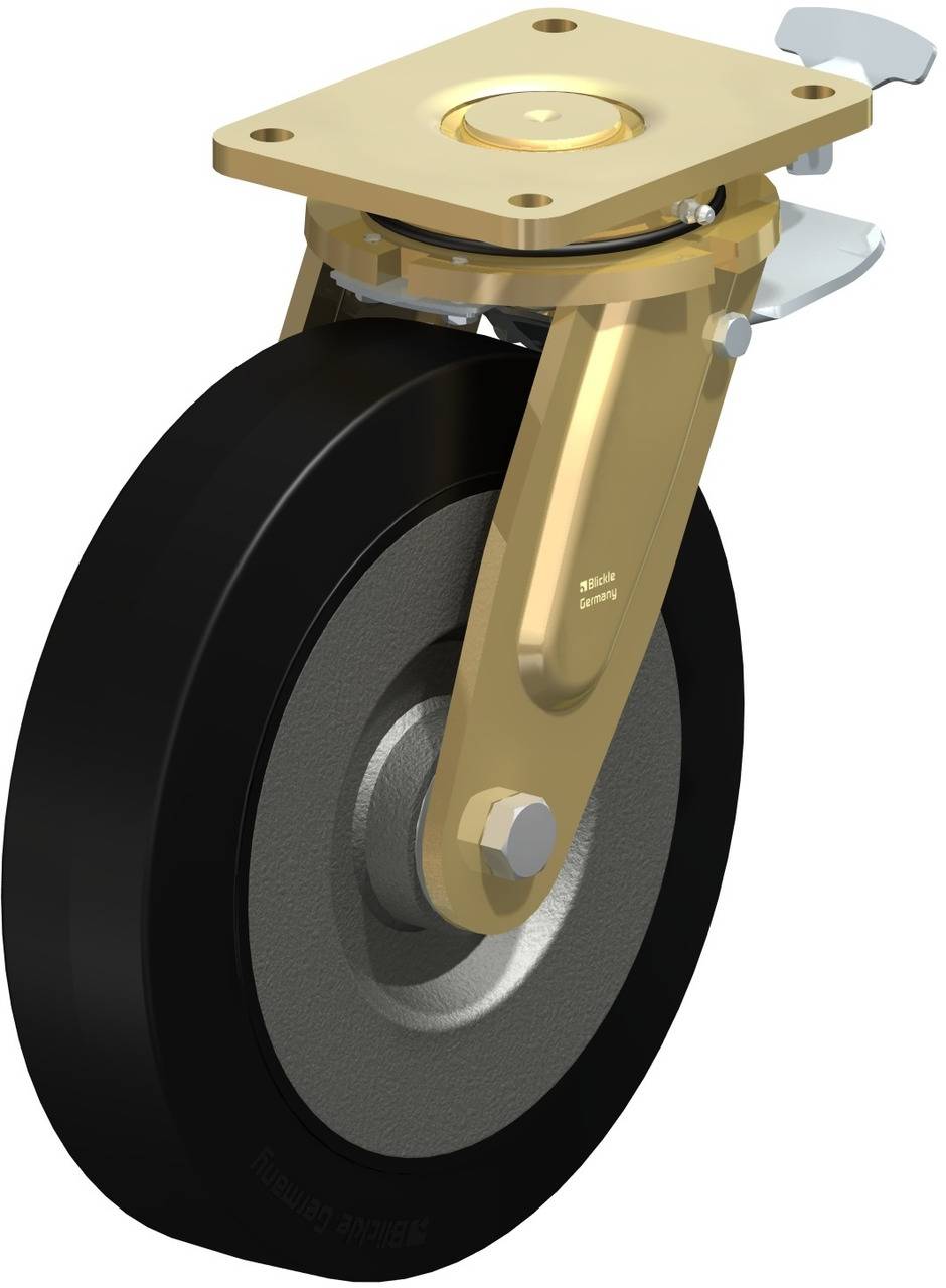 Schwenkrolle mit schwarzem Rad und goldfarbenem Gehäuse, geeignet für Möbel oder Transportgeräte, mit Feststellbremse oben.