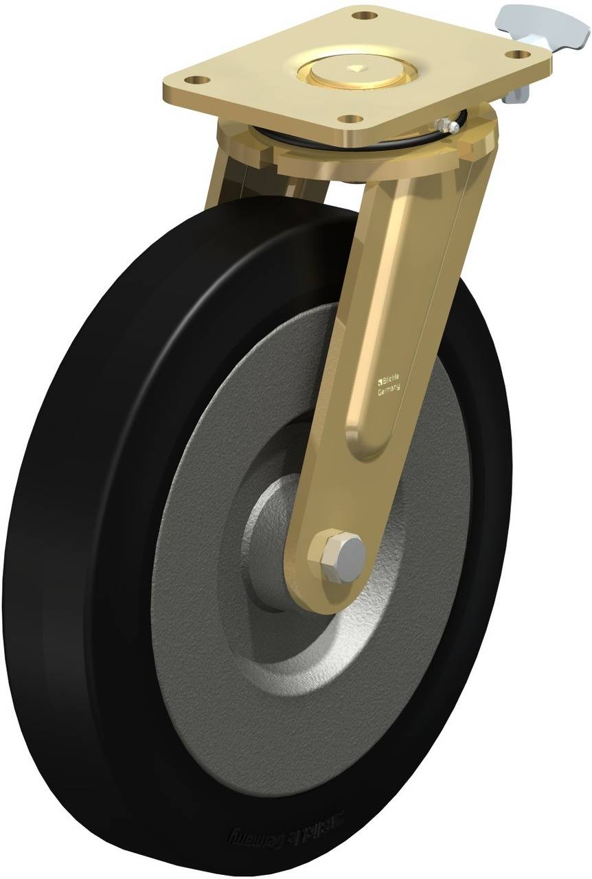 Bild zeigt ein drehbares Rad mit schwarzem Reifen und goldenem Metallgehäuse, verwendet für Transportwagen oder Möbel.