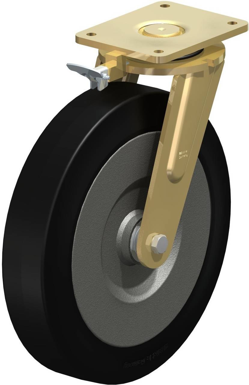 Ein drehbares Rad mit schwarzem Gummi und Metallhalterung, geeignet für Möbel oder Geräte, um die Mobilität zu ermöglichen.