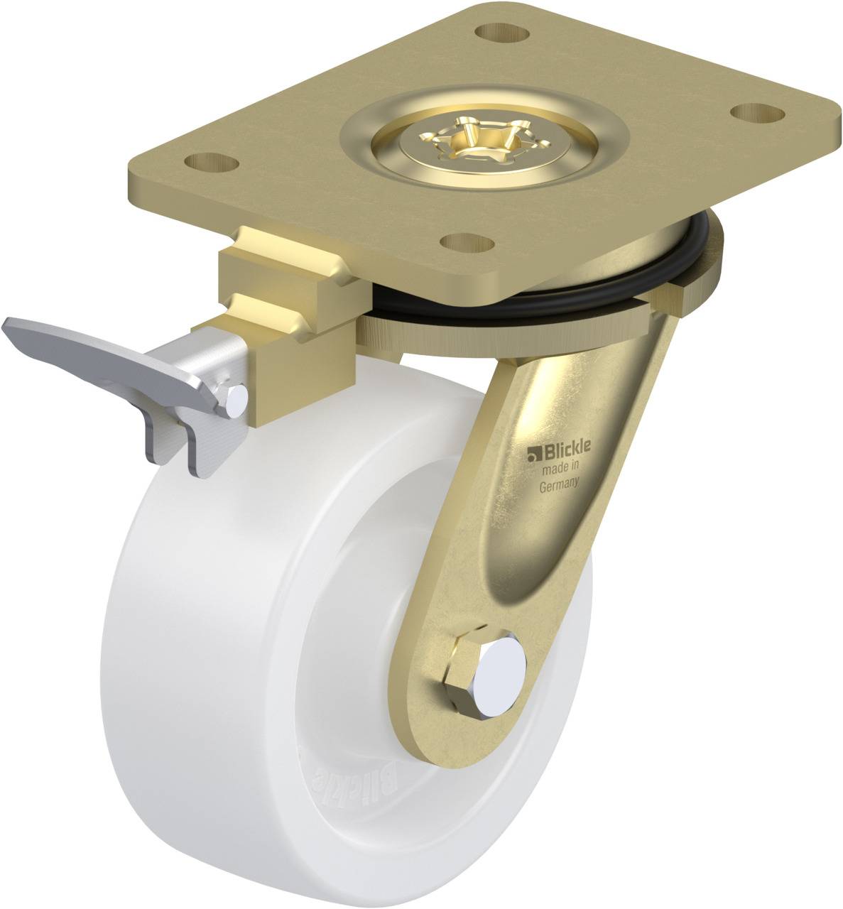 Ein Dreh-Rollenrad mit einem goldfarbenen Metallgehäuse und einer weißen Kunststoffrolle, geeignet für den Einsatz an Möbeln oder Geräten.