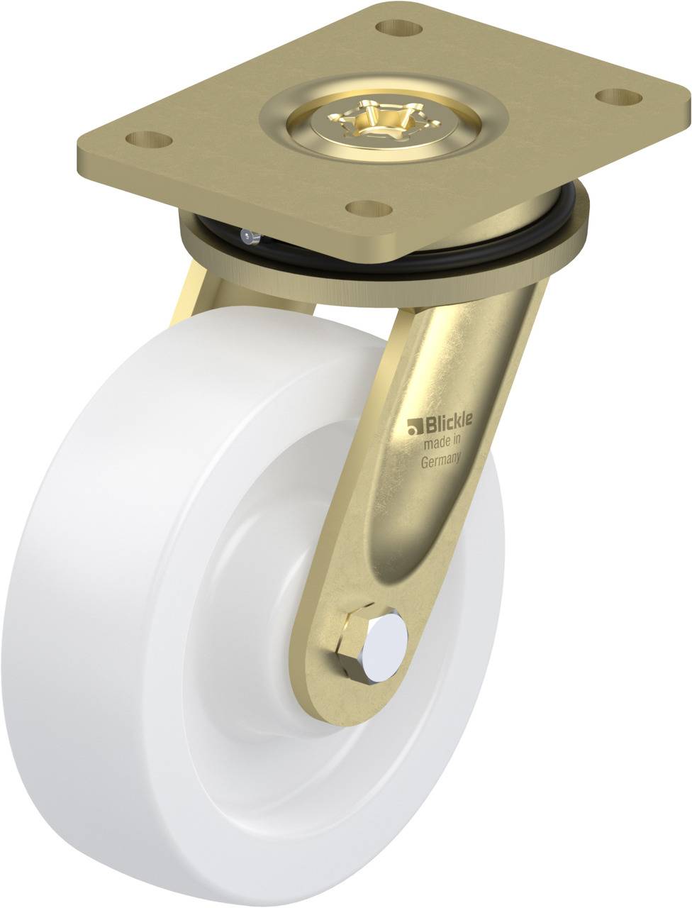 Ein drehbares Rad aus Metall mit Befestigungsplatte und weißem Reifen, geeignet für den Einsatz an Möbeln oder Transportwagen.