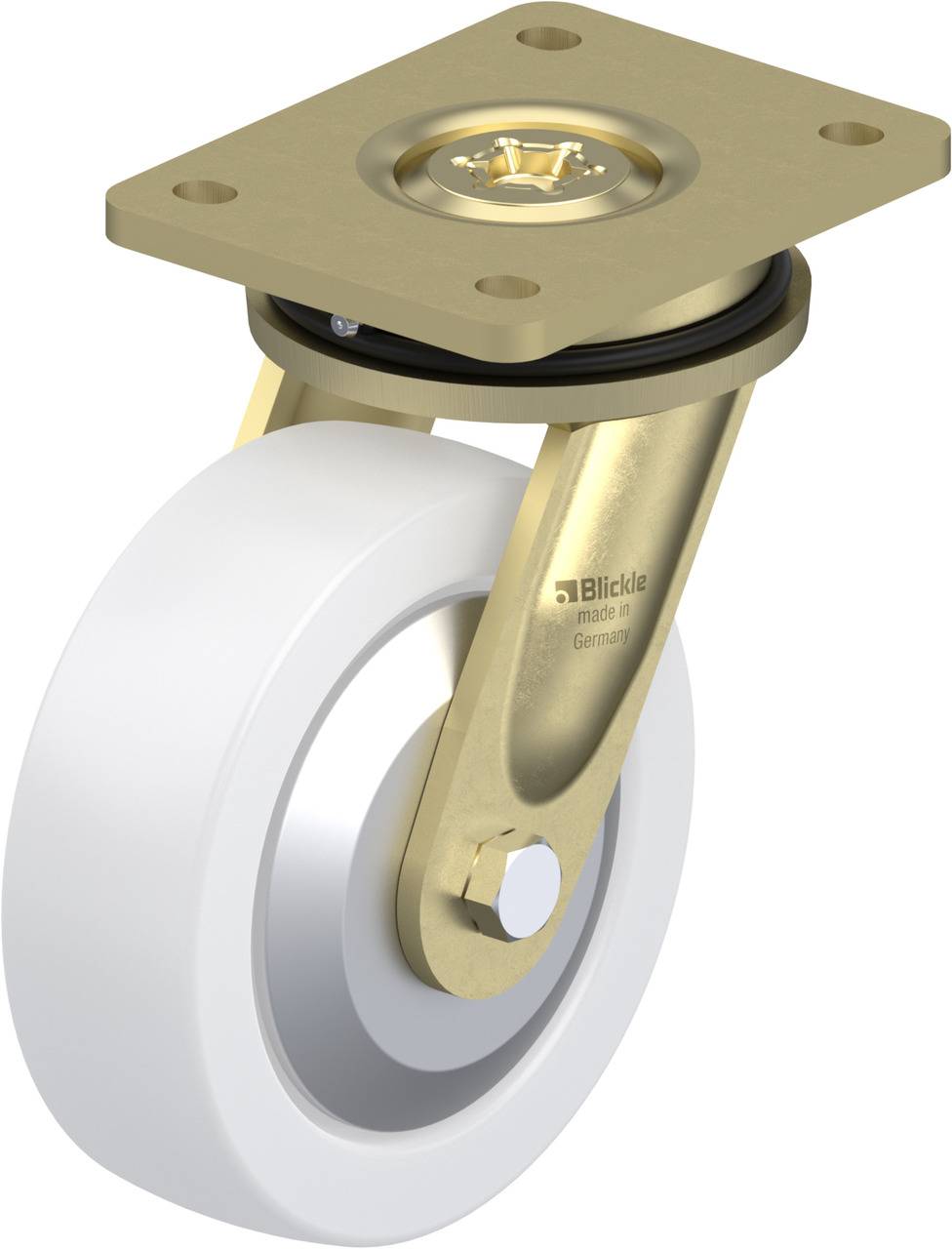 Ein goldenes Schwenkrolle mit weißem Rad und vier Schraublöchern; Aufschrift 'Blickle made in Germany' sichtbar auf der Halterung.