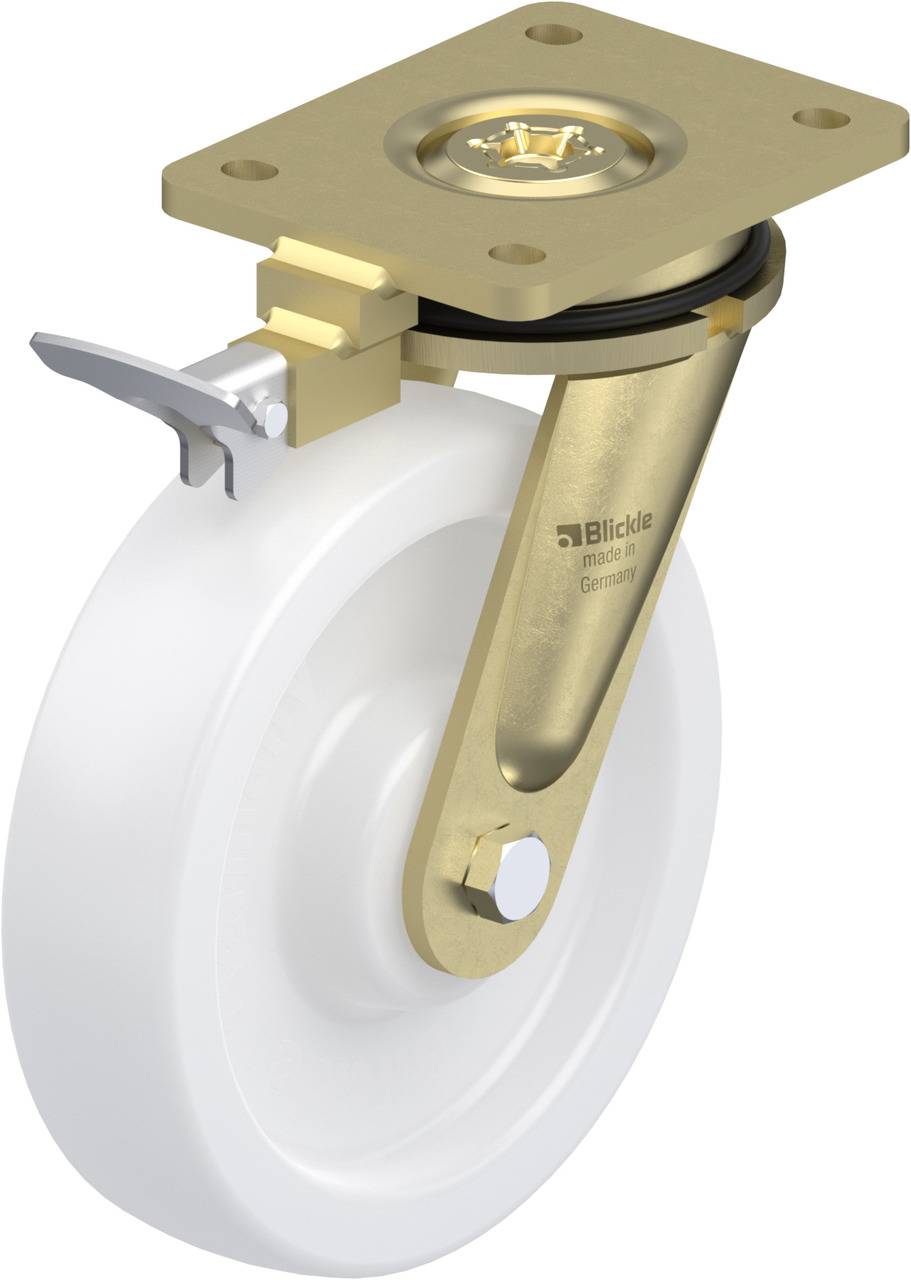 Kunststoffrad mit goldener Halterung und Bremse, geeignet für Industrieanwendungen.