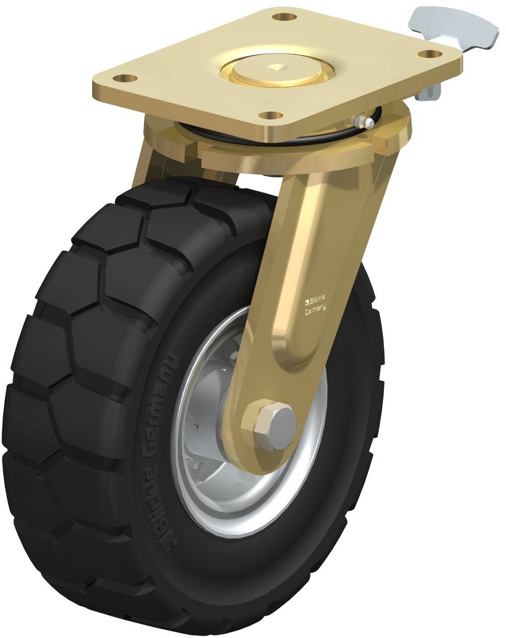 Schwenkrolle mit schwarzem, geripptem Gummirad und goldfarbener Halterung, geeignet für schwere Lasten.