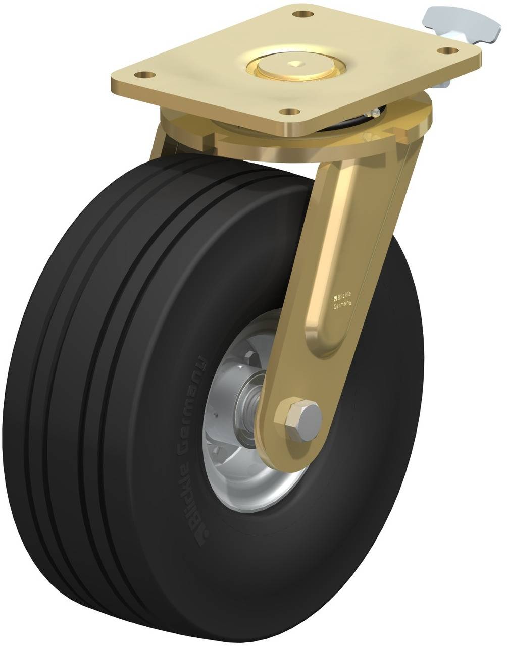 Schwenkrolle mit schwarzem, gummiertem Rad und goldfarbenem Gehäuse. Entwickelt für schwere Lasten, ermöglicht leichtes Manövrieren.