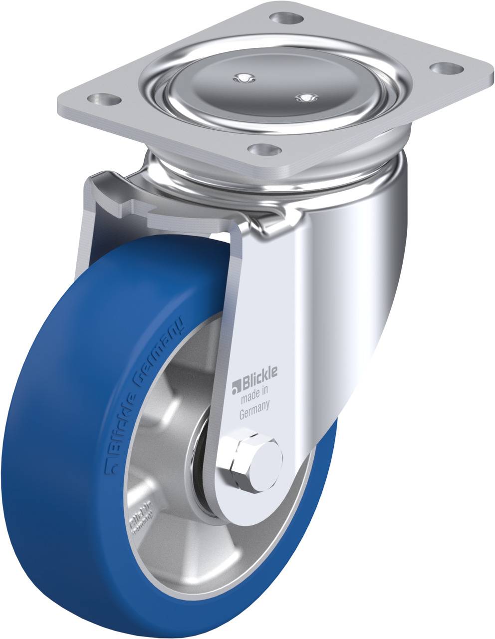 Metallrolle mit blauer Gummimantlung, montiert auf einer drehbaren Metallplatte. Geeignet für Möbel oder Transportgeräte.