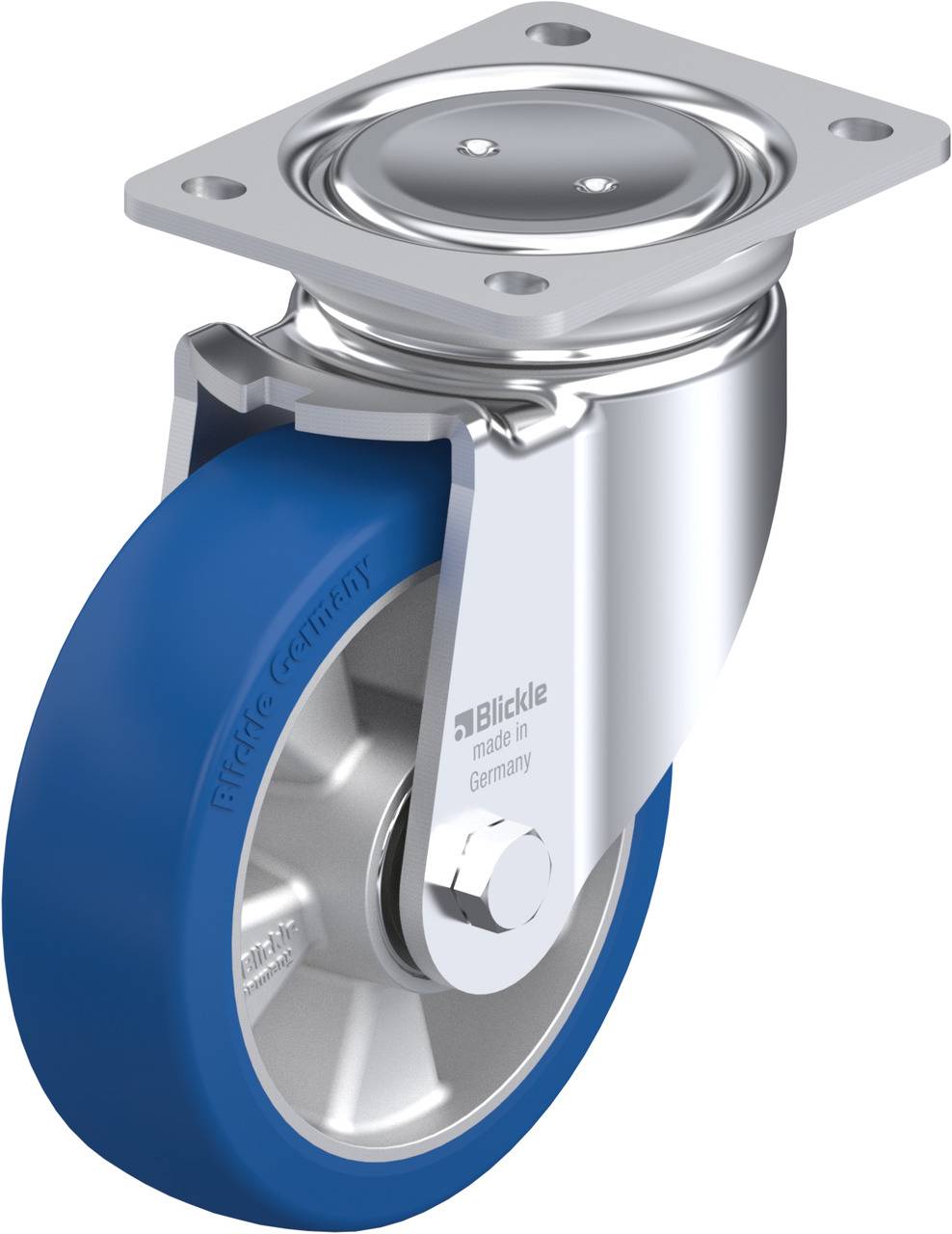 Industrie-Lenkrolle mit blauer Gummireifen, montiert an einer Metallplatte.