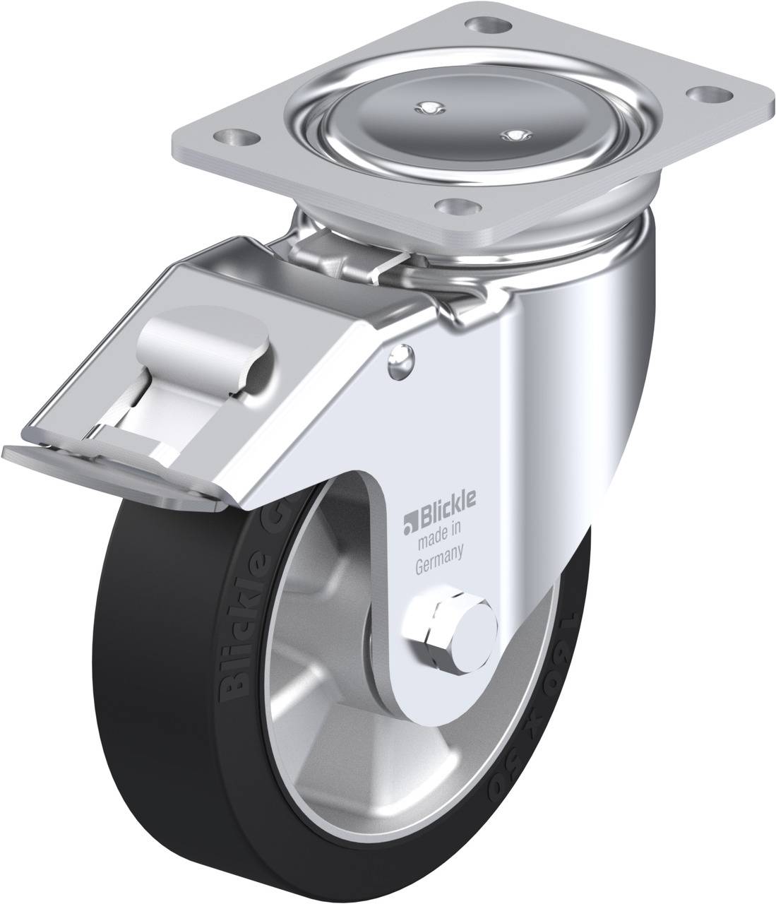Schwenkrolle aus Metall mit schwarzem Rad und Feststeller. Eignet sich für den Einsatz an Transportgeräten und Möbeln.