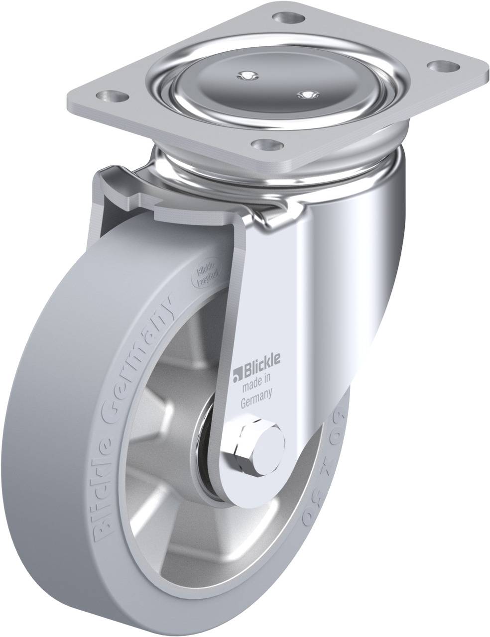 Metallenes Lenkrollenrad mit Befestigungsplatte, hergestellt von Blickle, geeignet für industrielle Anwendungen.