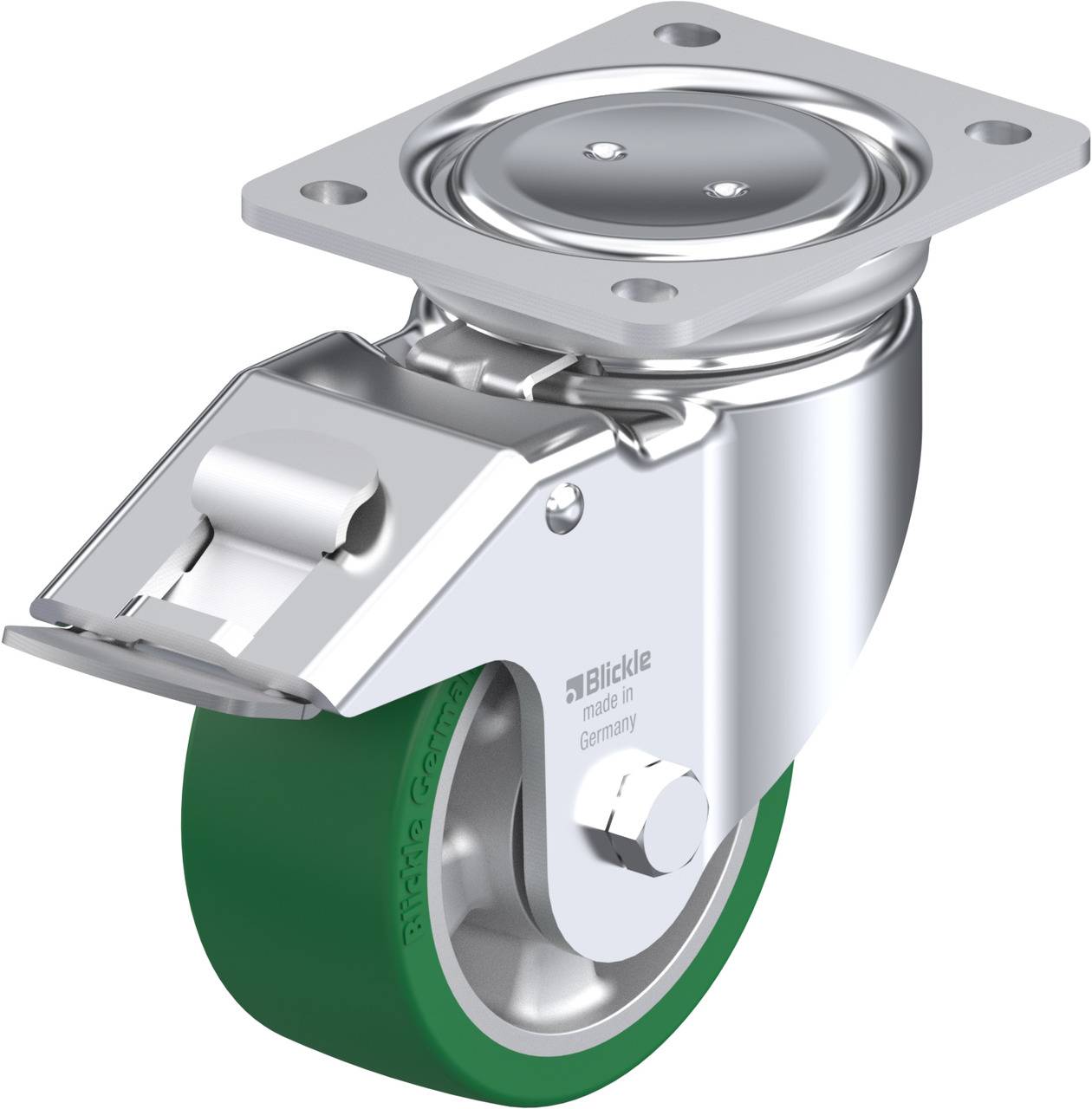 Industrie-Rollenhalterung aus Metall mit grünem Rad, schwenkbar, Produkt von Blickle, geeignet für Maschinen und Transportgeräte.
